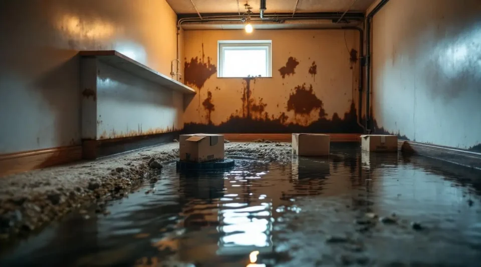 Professional technician inspecting water-stained ceiling with specialized equipment
