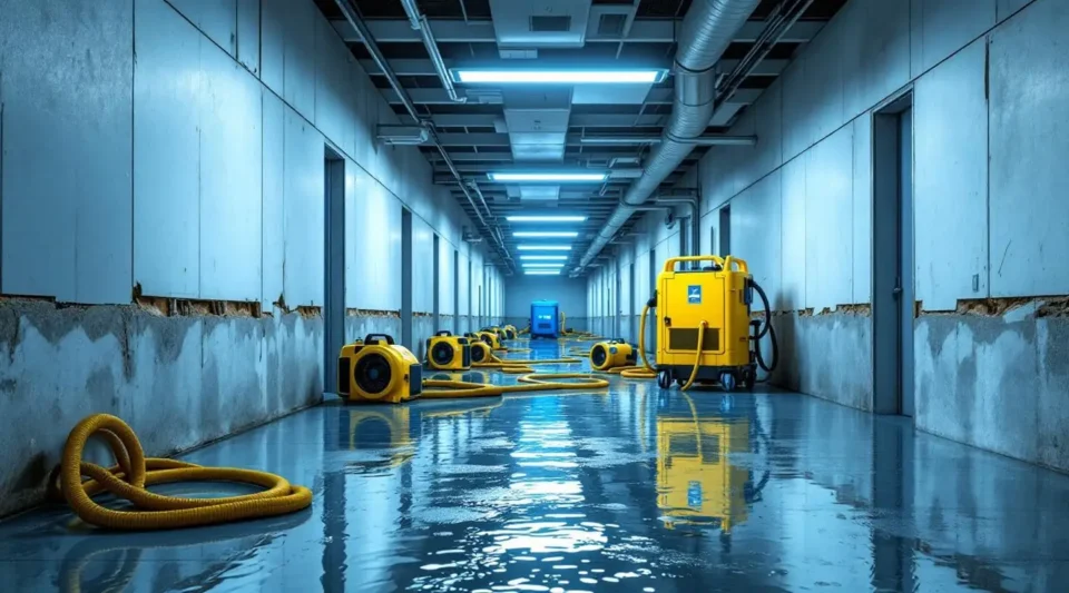 Emergency sewage backup cleanup crew in hazmat suits assessing a flooded basement